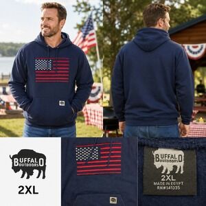 Buffalo‎ Outdoors Mens Navy American Flag Fleece Hoodie Sweatshirt XL 4th July